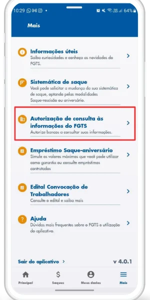 02: Selecione a opção "Autorização de consulta às informações do FGTS"